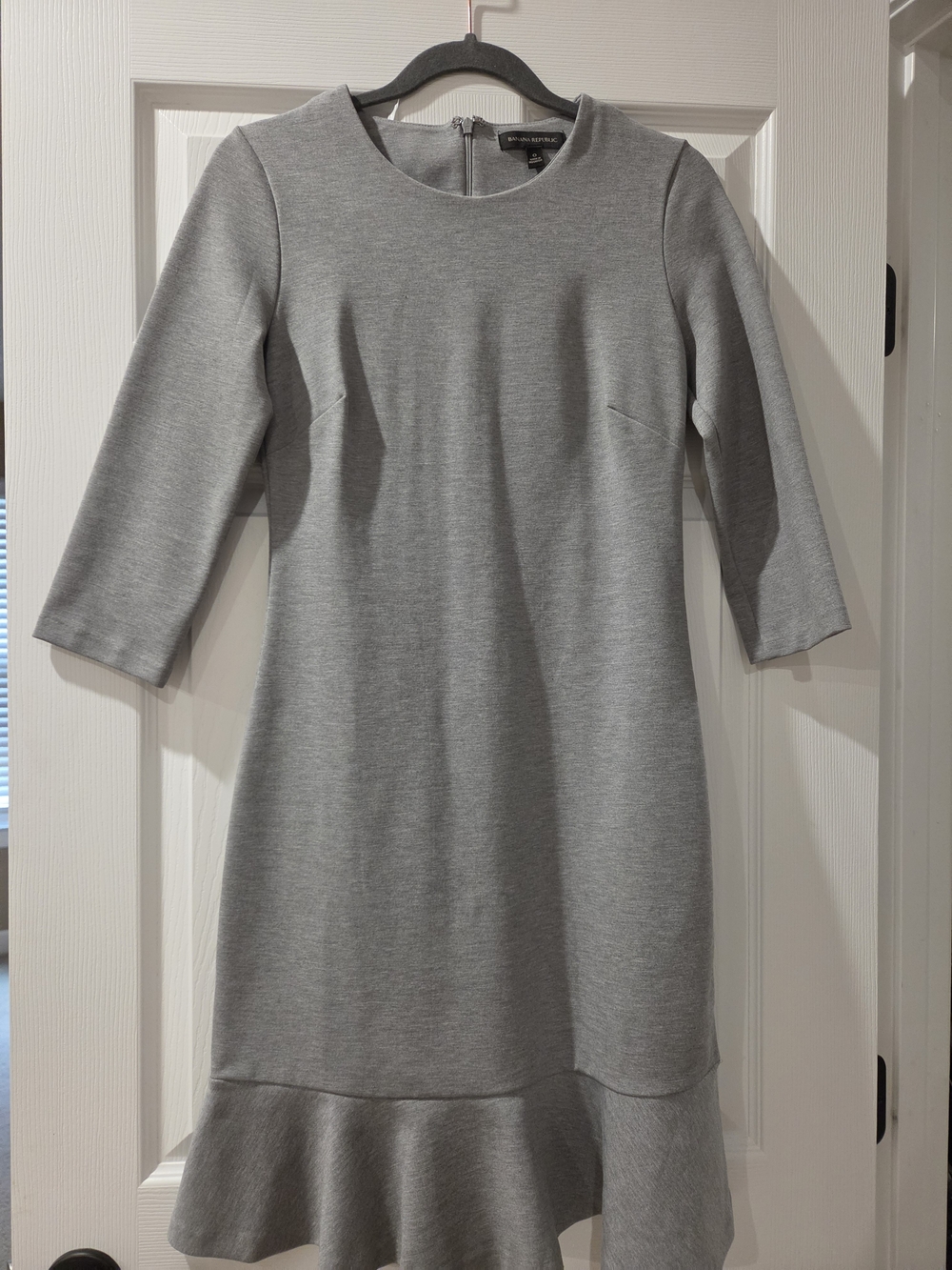 Banana Republic Light Gray Long-Sleeve Ponte Sheath Dress with Ruffle Hem
